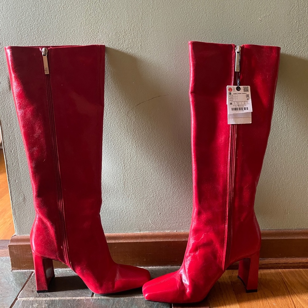 Red leather Zara knee high boots 38